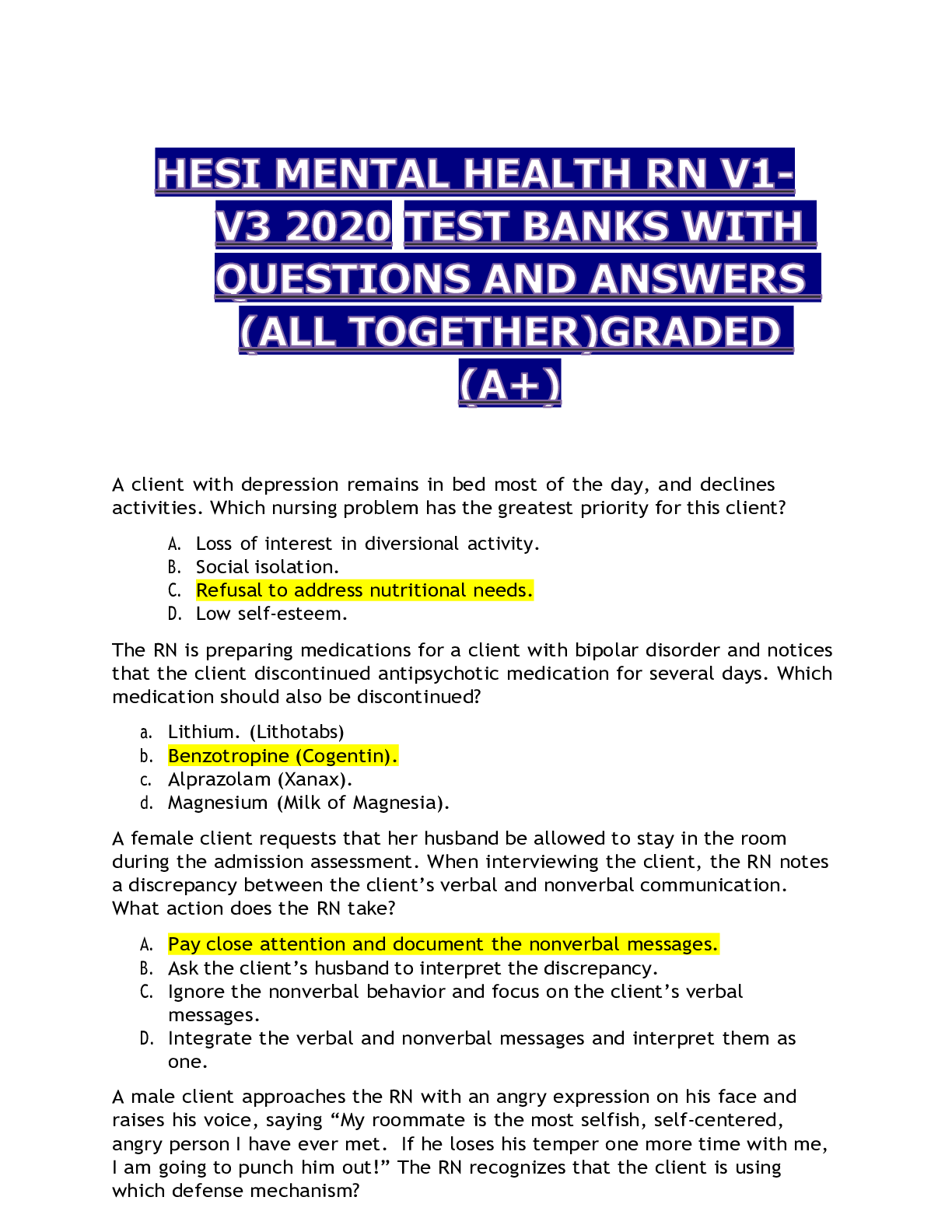 Preview image for HESI MENTAL HEALTH RN V1-V3 2020 TEST BANKS WITH QUESTIONS AND ANSWERS  (ALL TOGETHER)GRADED (A+)